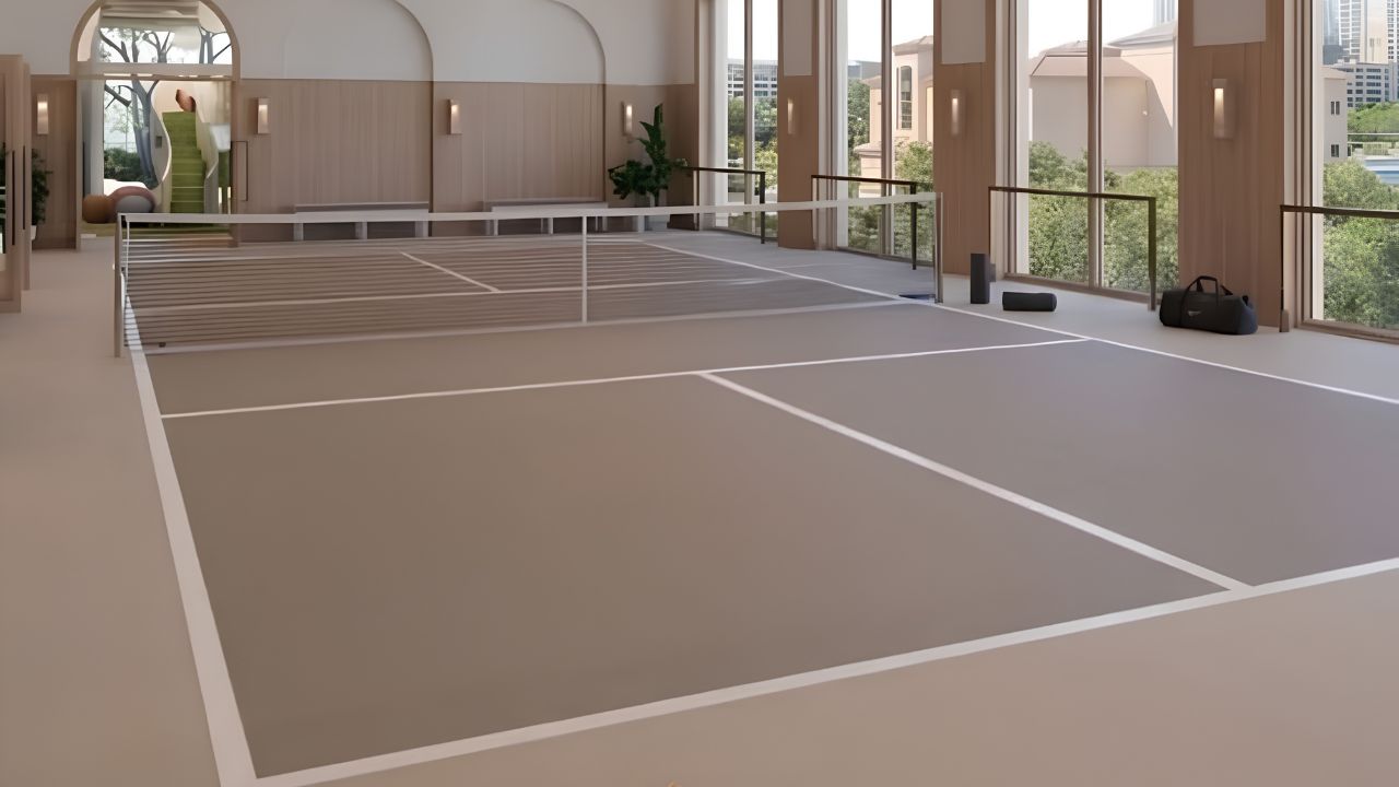 Sân Pickleball trong nhà mang phong cách hiện đại, ấm cúng với tông màu be - gỗ, trần cao, cửa kính lớn và hệ thống đèn âm trần.