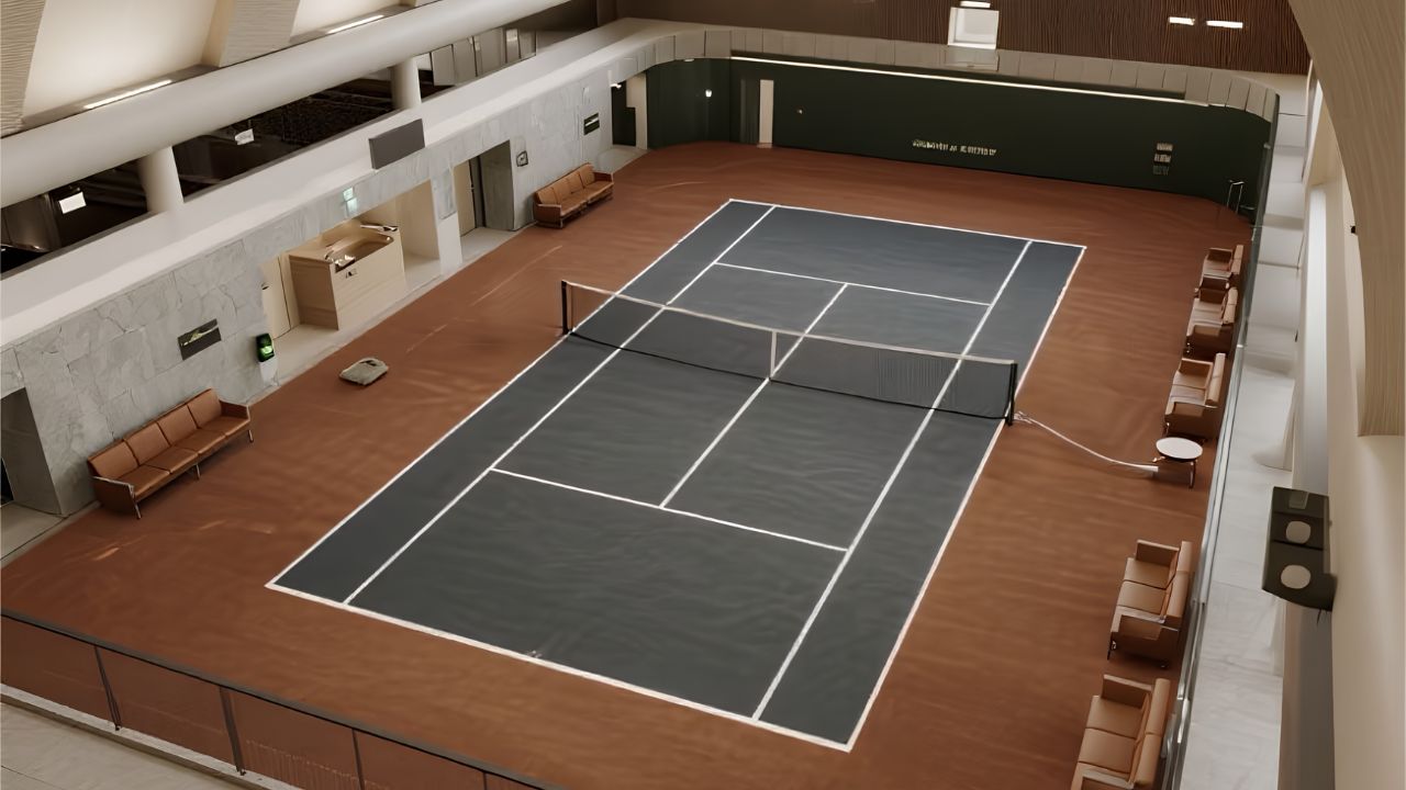 Sân Pickleball trong nhà cao cấp, thiết kế mái vòm hiện đại, mặt sân xám, bao quanh là khu vực ghế ngồi và không gian nghỉ.